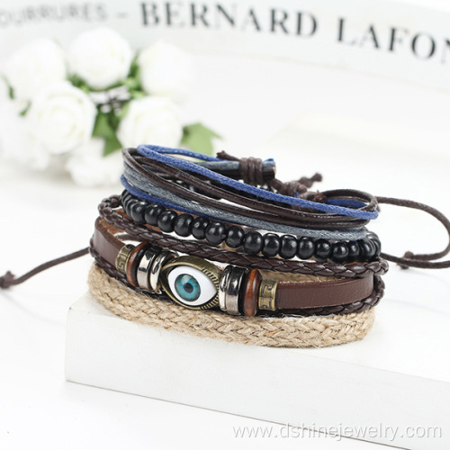 Multi Layers Wooden Bead Bracelet Eye Charm Leather Bangle